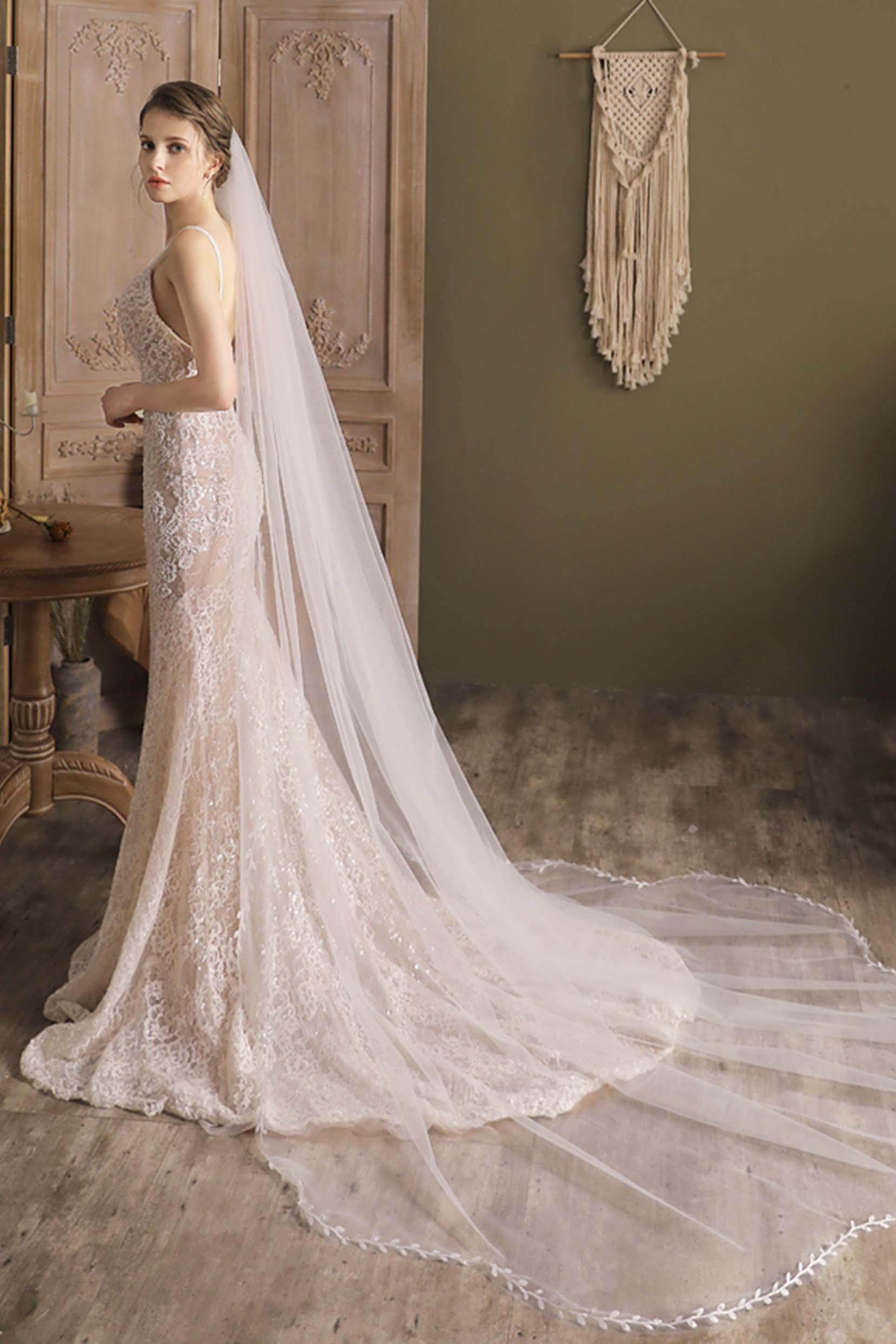 One-tier Leaves Edge Tulle Cathedral Veils CV0298 - COCOMELODY
